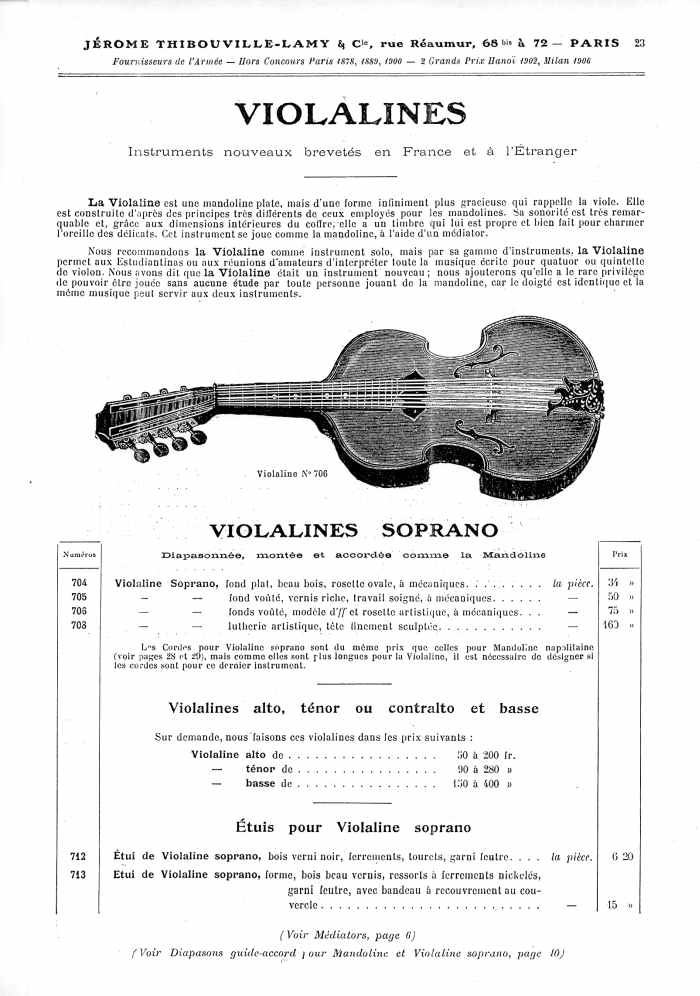 Catalogue 1907 de la maison de lutherie Jrme Thibouville-Lamy  Mirecourt, concernat les mandolines.