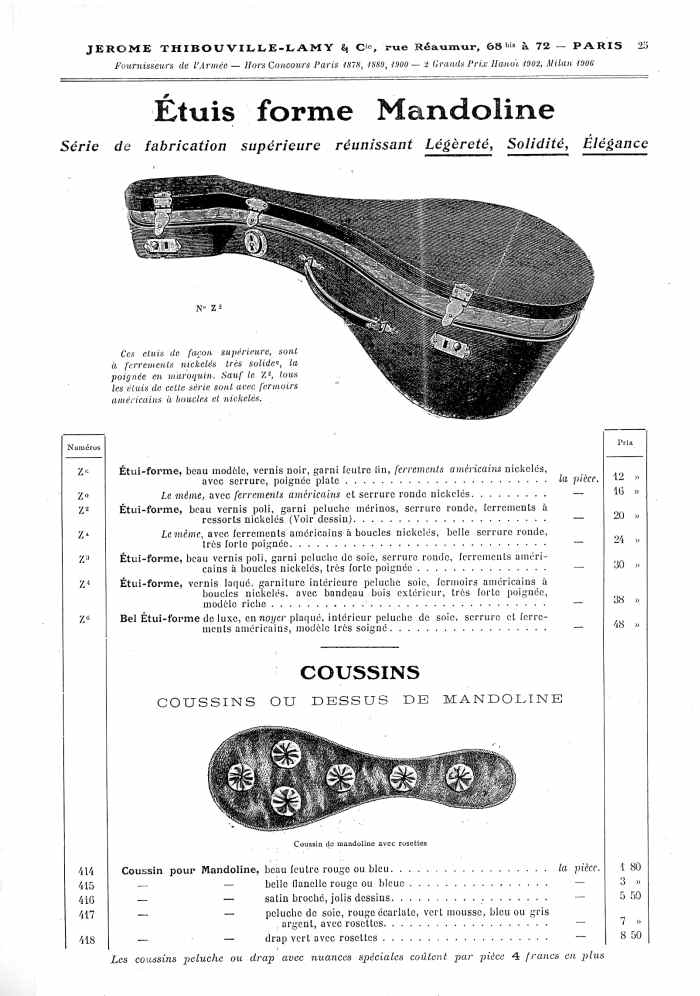 Catalogue 1907 de la maison de lutherie Jrme Thibouville-Lamy  Mirecourt, concernat les mandolines.