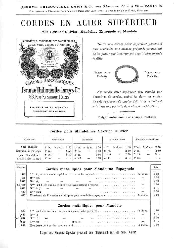 Catalogue 1907 de la maison de lutherie Jrme Thibouville-Lamy  Mirecourt, concernat les mandolines.