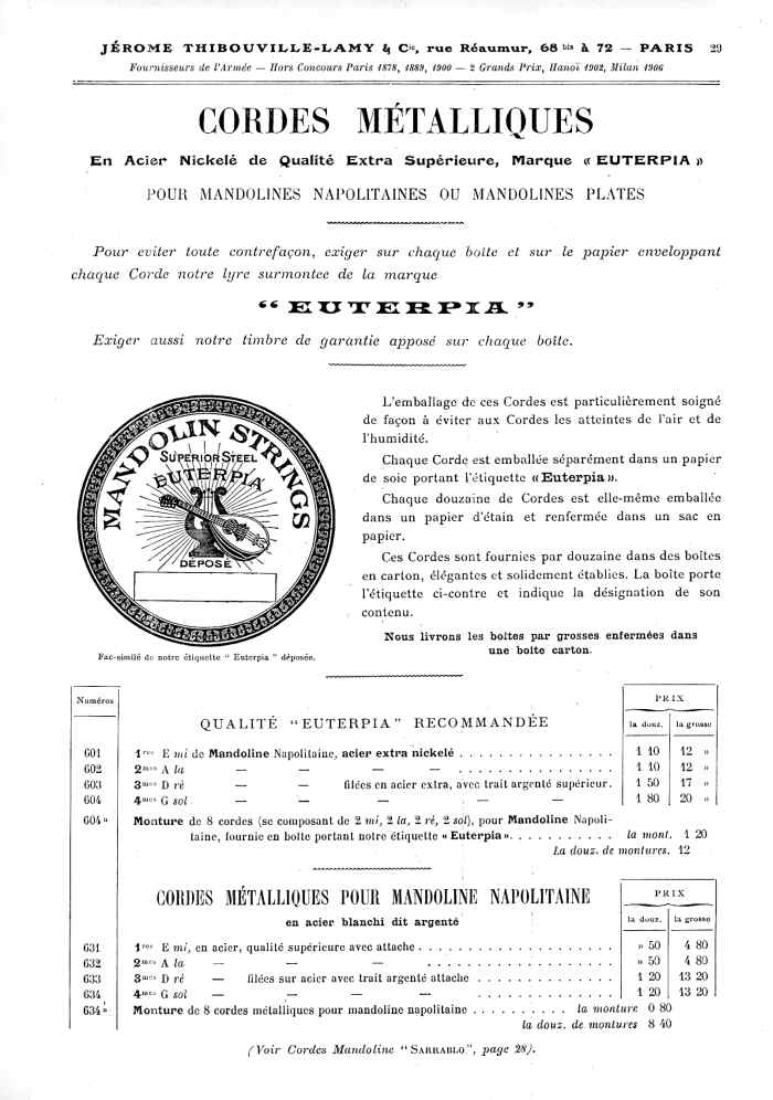 Catalogue 1907 de la maison de lutherie Jrme Thibouville-Lamy  Mirecourt, concernat les mandolines.