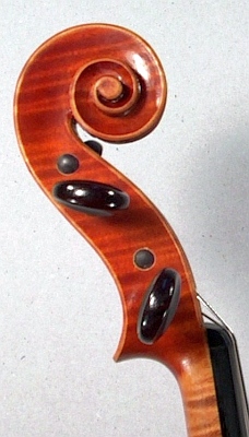 head profile of a new violin made by Roland Terrier.
