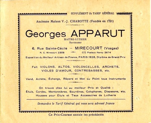 Catalogue Georges Apparut  Mirecourt.