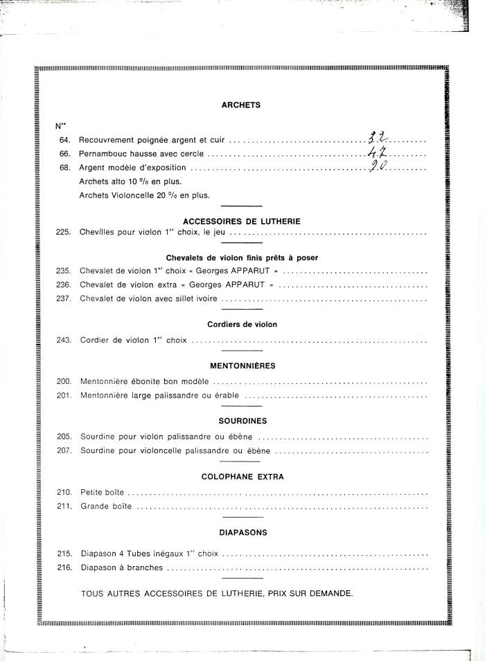 Apparut et Hilaire. Tarif de 1969.