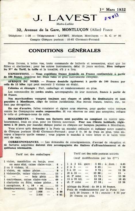 Catalogue de la maison de lutherie Lavest  Montluon en 1932.