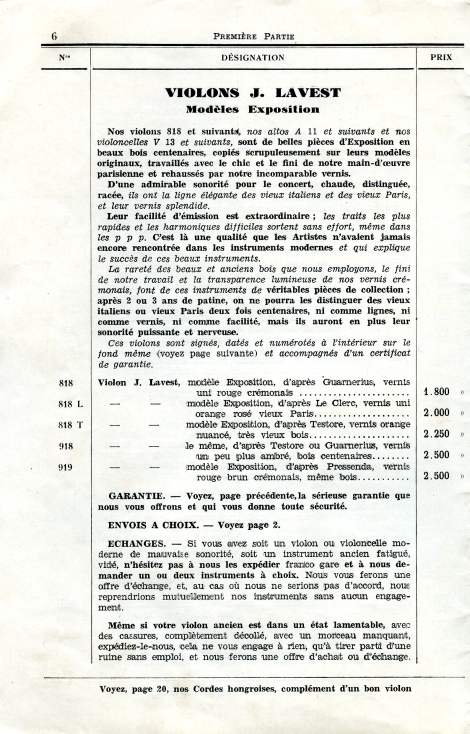 Catalogue de la maison de lutherie Lavest  Montluon en 1932.