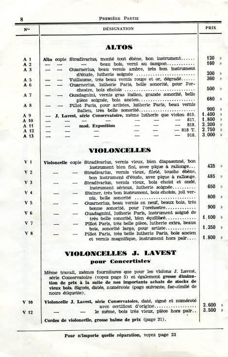 Catalogue de la maison de lutherie Lavest  Montluon en 1932.