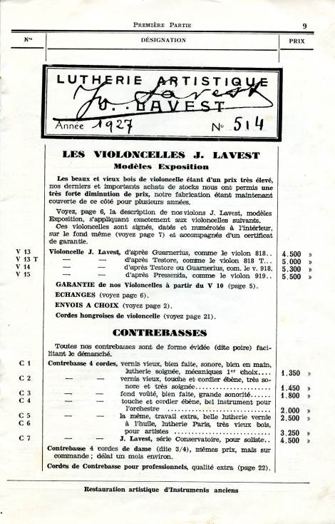 Catalogue de la maison de lutherie Lavest à Montluçon en 1932.