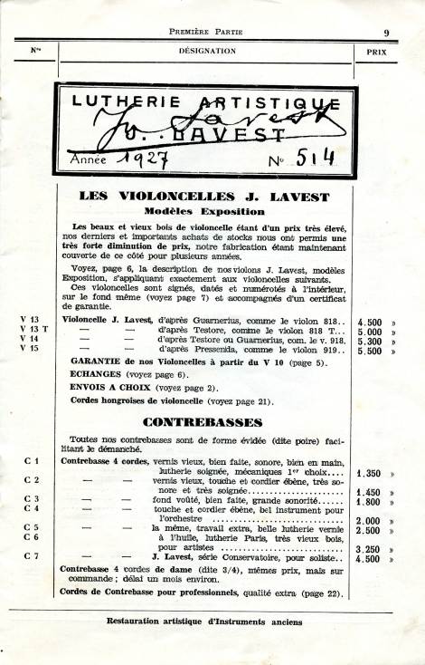 Catalogue de la maison de lutherie Lavest  Montluon en 1932.