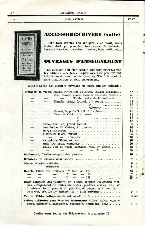 Catalogue de la maison de lutherie Lavest  Montluon en 1932.