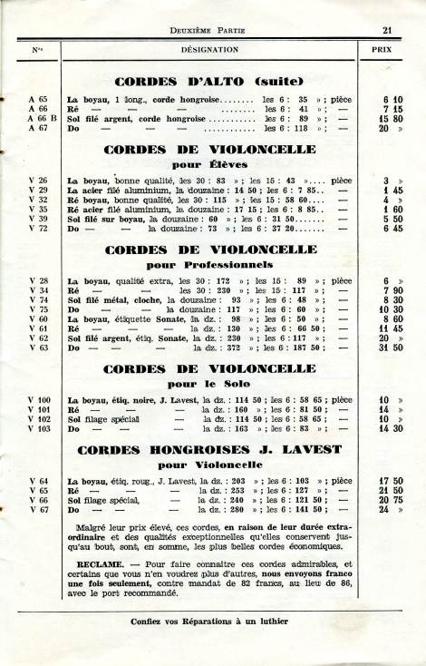 Catalogue de la maison de lutherie Lavest  Montluon en 1932.