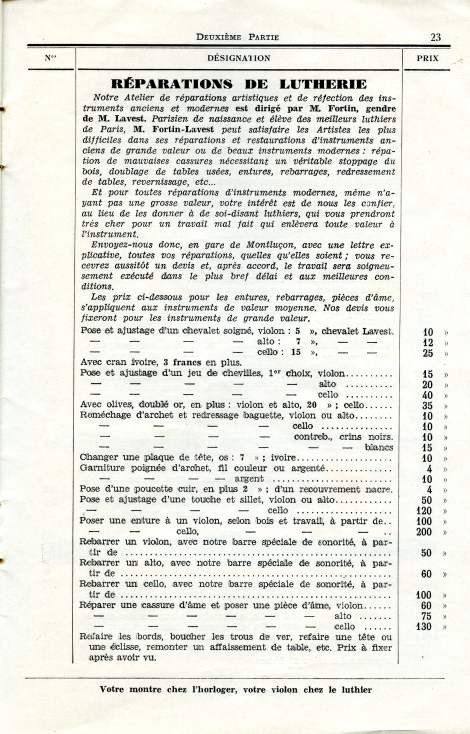 Catalogue de la maison de lutherie Lavest  Montluon en 1932.