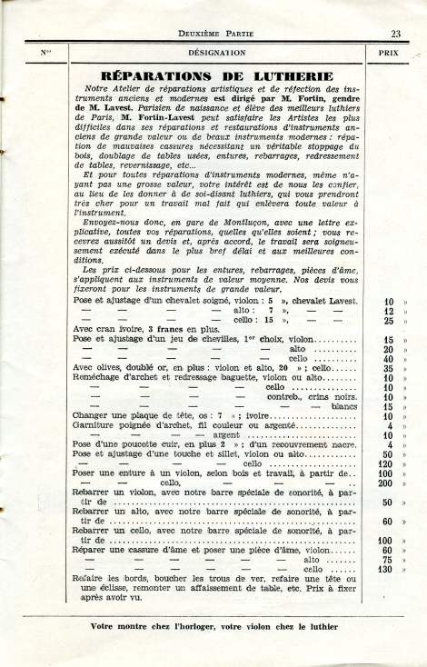 Catalogue de la maison de lutherie Lavest  Montluon en 1932.