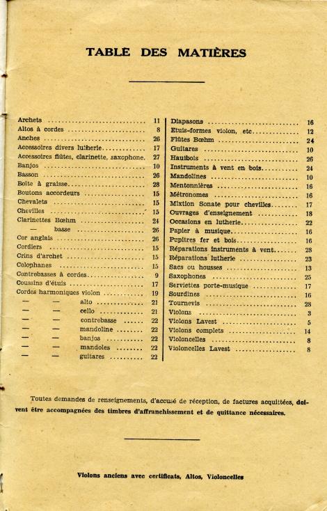 Catalogue de la maison de lutherie Lavest  Montluon en 1932.