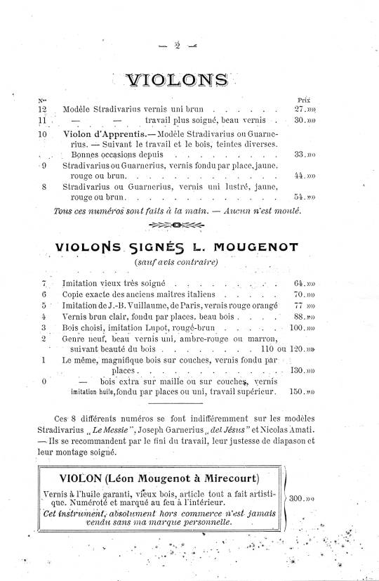Catalogue de Léon Mougenot, luthier à Mirecourt.
