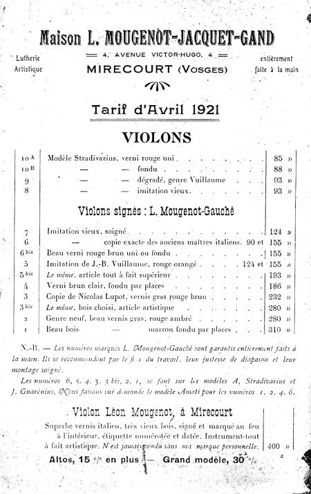 Catalogue 1921 de Léon Mougenot, luthier à Mirecourt.