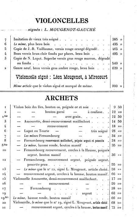 Catalogue 1921 de Léon Mougenot, luthier à Mirecourt.