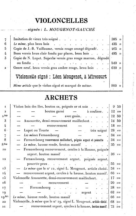 Catalogue 1921 de Lon Mougenot, luthier  Mirecourt.