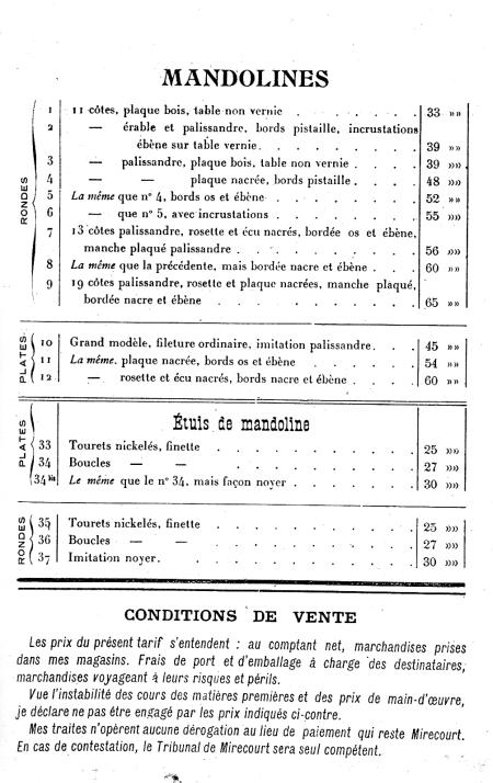 Catalogue 1921 de Lon Mougenot, luthier  Mirecourt.