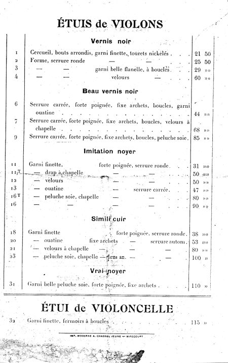 Catalogue 1921 de Lon Mougenot, luthier  Mirecourt.