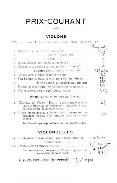 Catalogue 1927 du luthier Jules Sartori à Mattaincourt.