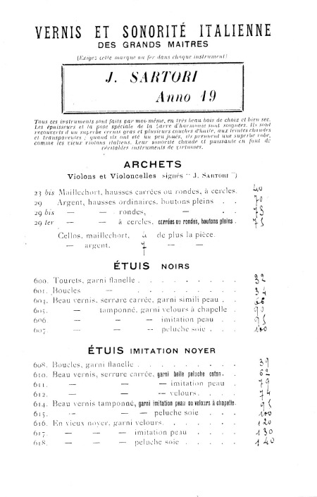 Catalogue 1927 du luthier Jules Sartori à Mattaincourt.