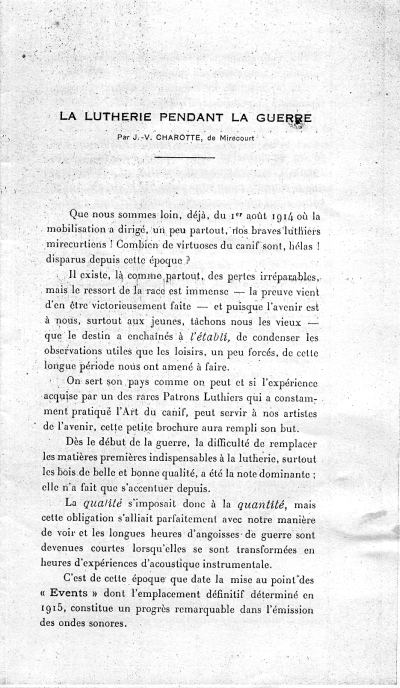 La lutherie pendant la guerre de V.J. Charotte  Mirecourt.