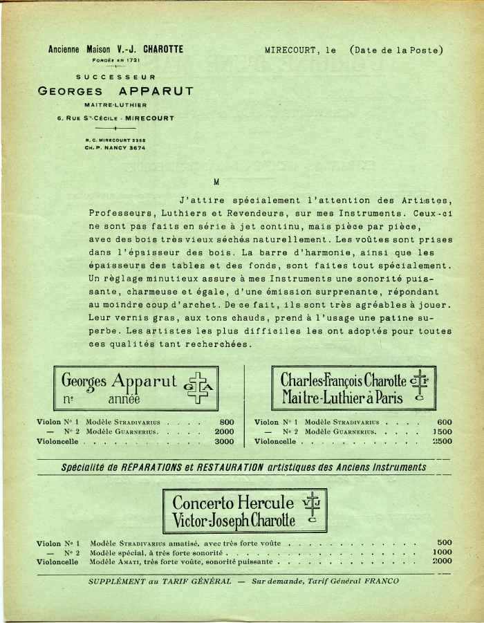 Georges Apparut, tarif de 1936.