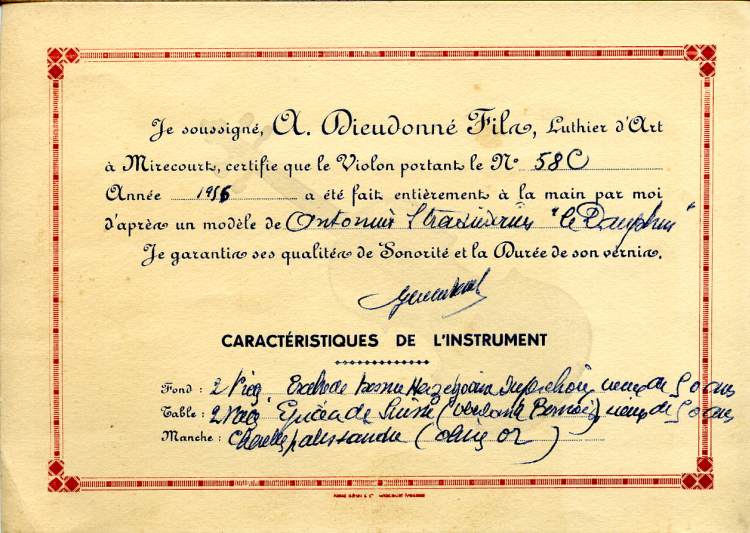 Certificat d'Amédée Dieudonné.
