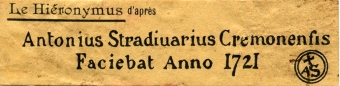 Etiquette "Le Hiéronymus' d'après Stradivarius de chez Thibouville à Mirecourt.