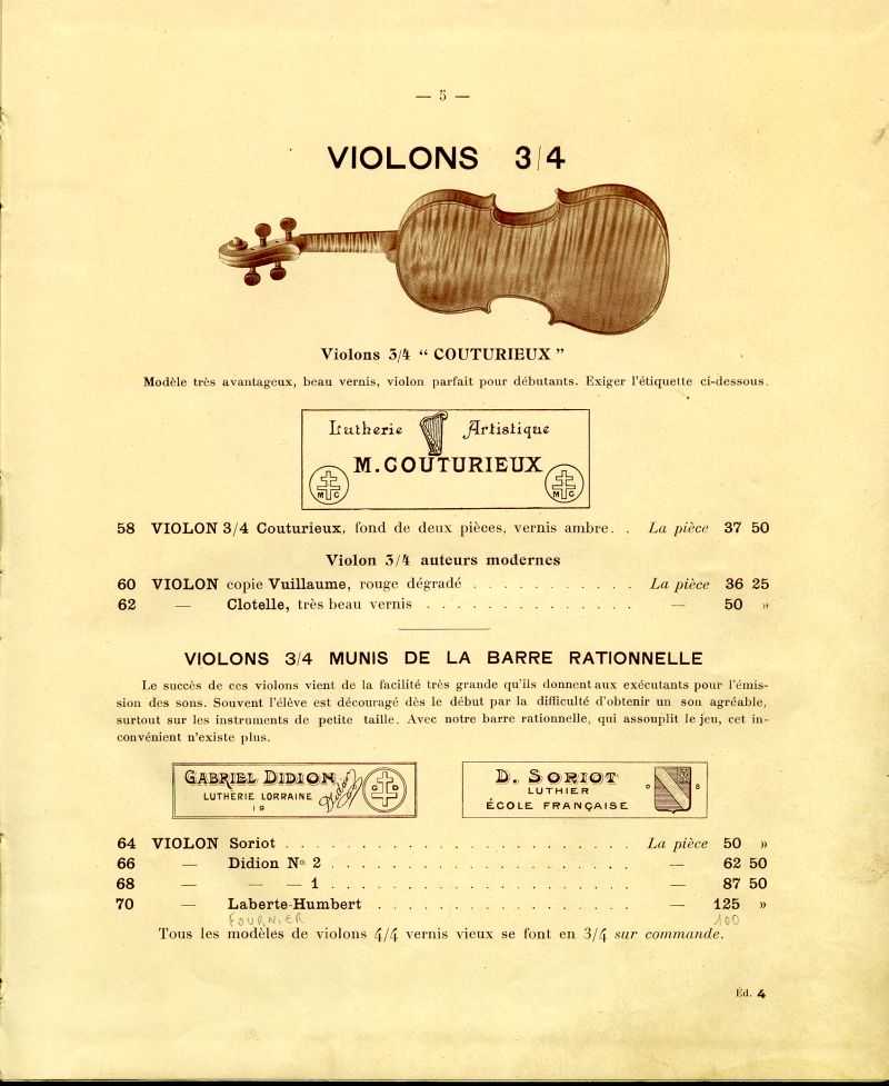 Catalogue gnral de lutherie Laberte  Mirecourt. 1912.