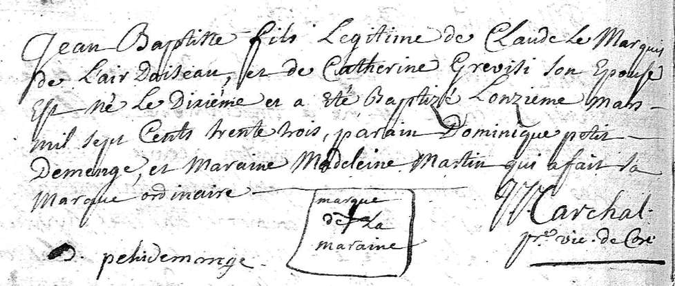 Acte de naissance de Jean-Baptiste Lemarquis, dit "de l'air d'oiseau"