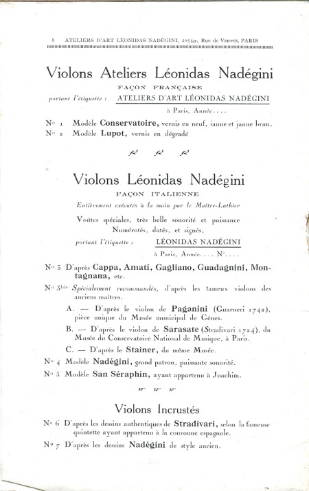 Catalogue de léonidas Nadégini, luthier à Paris.