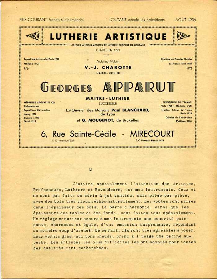 Georges Apparut, tarif de 1936.
