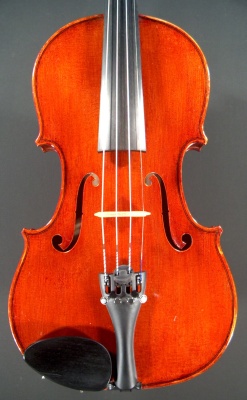 face of a new violin made by Roland Terrier, 1980