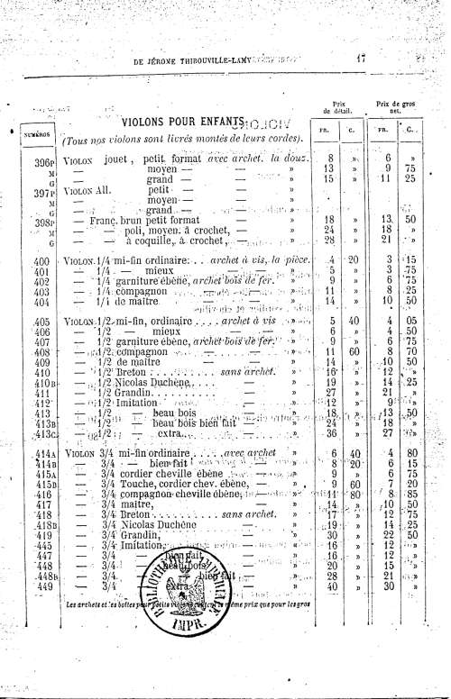 Catalogue 1867 de la maison de lutherie Jrme Thibouville-Lamy  Mirecourt.