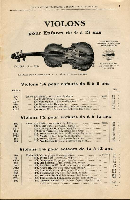 Catalogue 1919 de la maison de lutherie Jérôme Thibouville-Lamy à Mirecourt.