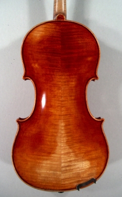 back of a new violin made by Roland Terrier, 1979
